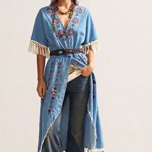 Blue Western Boho Women's Embroidered Casual Dress